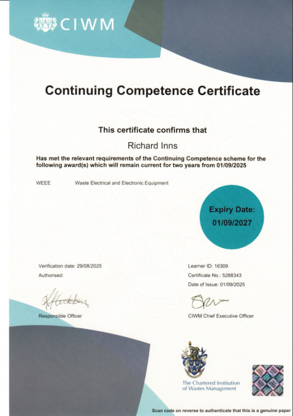 continuing competence certificate waste electrical and-electronical equipement